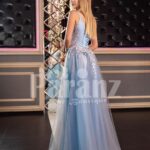 Women’s sleeveless floor length tulle gown with floral appliquéd royal bodice back side view