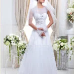 Women’s sleeveless lightweight rich satin wedding gown with royal rhinestone works