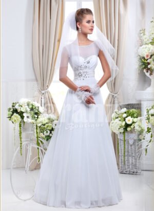Women’s sleeveless lightweight rich satin wedding gown with royal rhinestone works