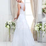 Women’s sleeveless lightweight rich satin wedding gown with royal rhinestone works back side view