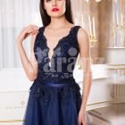 Women’s sleeveless navy floor length gown with rich rhinestone studded bodice