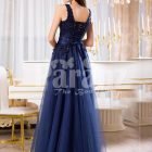 Women’s sleeveless navy floor length gown with rich rhinestone studded bodice back side view