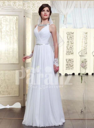 Women’s sleeveless pearl white floor length satin gown with glitz waist belt