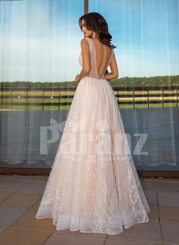 Women’s sleeveless power pink glitz glam tulle wedding gown back side view