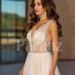 Women’s sleeveless power pink glitz glam tulle wedding gown close view