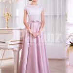 Women’s small cap sleeve white lacy bodice evening gown with metallic mauve satin skirt