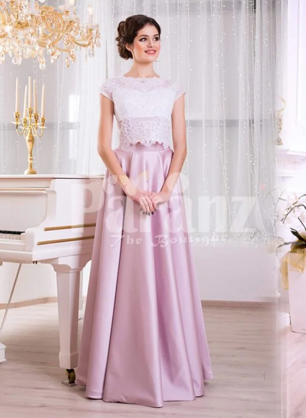 Women’s small cap sleeve white lacy bodice evening gown with metallic mauve satin skirt