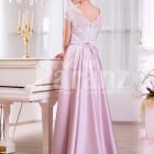 Women’s small cap sleeve white lacy bodice evening gown with metallic mauve satin skirt back side view