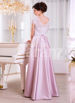 Women’s small cap sleeve white lacy bodice evening gown with metallic mauve satin skirt back side view