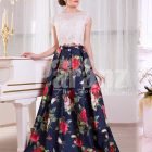 Women’s small cap sleeve white satin bodice evening gown with rosette print skirt