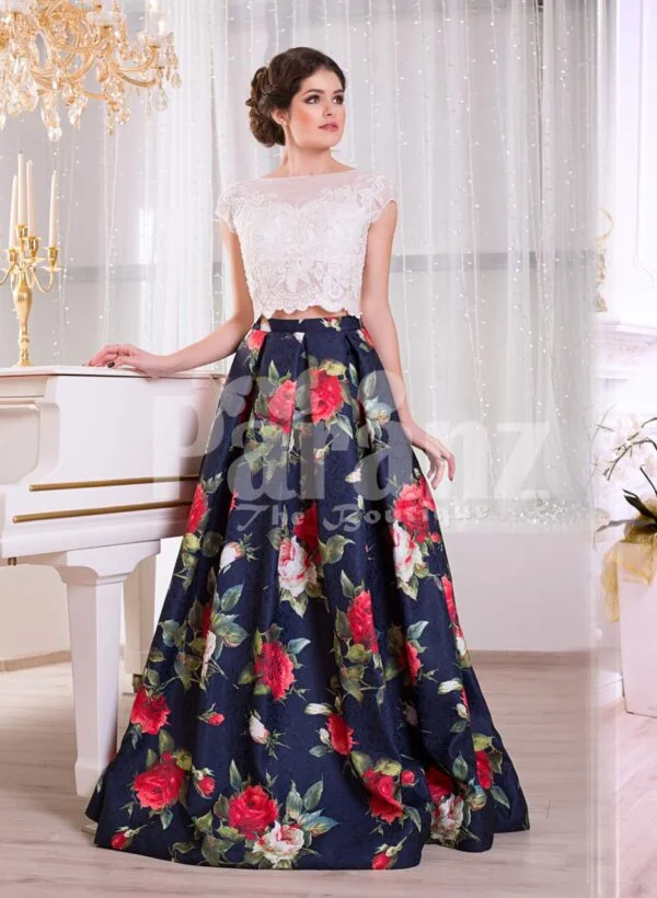 Women’s small cap sleeve white satin bodice evening gown with rosette print skirt