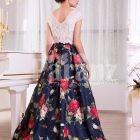 Women’s small cap sleeve white satin bodice evening gown with rosette print skirt back side view