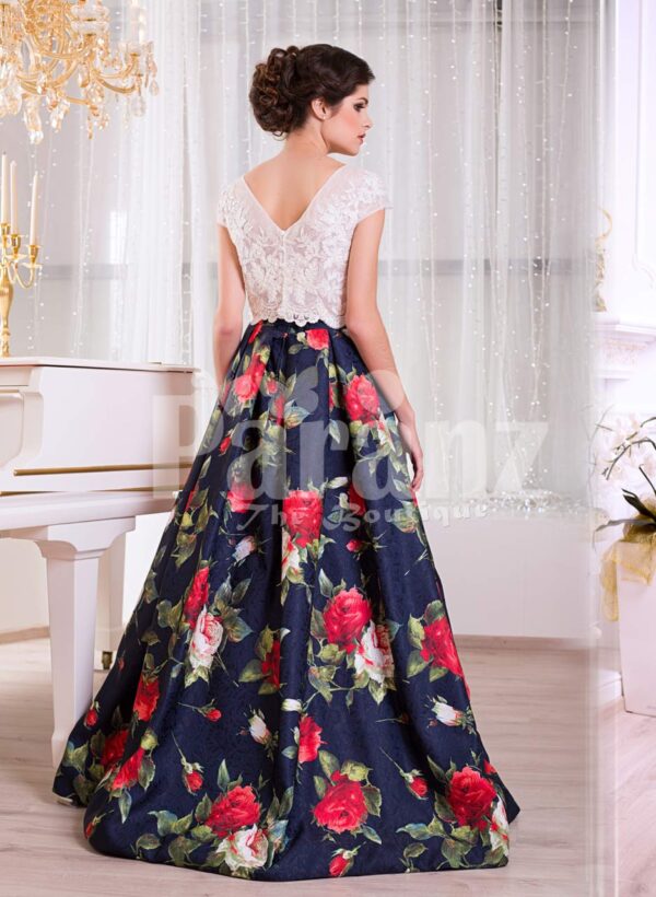 Women’s small cap sleeve white satin bodice evening gown with rosette print skirt back side view