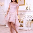 Women’s soft and light pink high low satin evening gown with elegant lace work all over