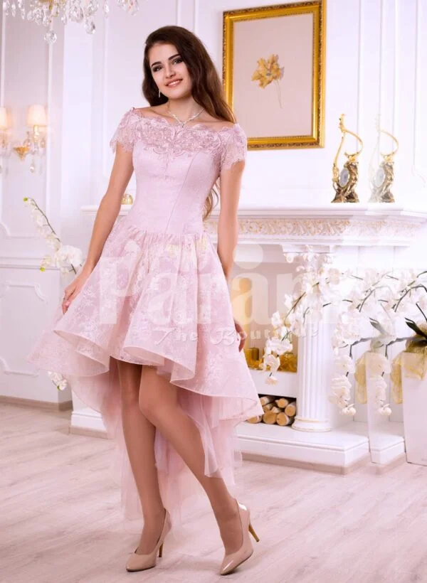 Women’s soft and light pink high low satin evening gown with elegant lace work all over