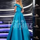 Women’s soft and silky floor length rich satin gown with side slit skirt in bright blue side view