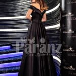 Women’s soft and silky glam black rich satin gown with side slit skirt Back side view
