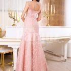Women’s soft light pink mermaid style rich satin gown with same hue appliqués bAack side view