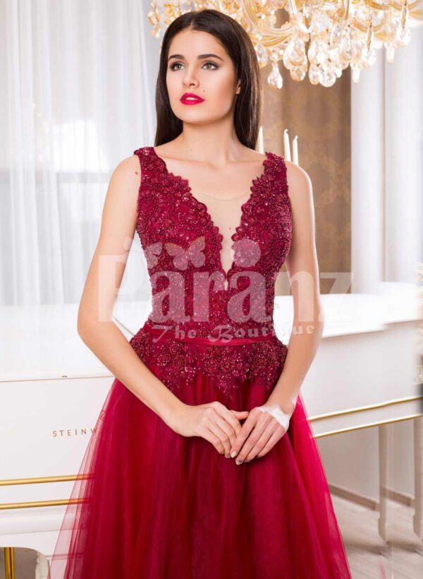 Women’s soft maroon floor length tulle skirt gown with rich rhinestone bodice