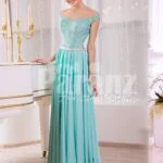 Women’s soft mint floor length rich satin evening gown with glam appliquéd bodice