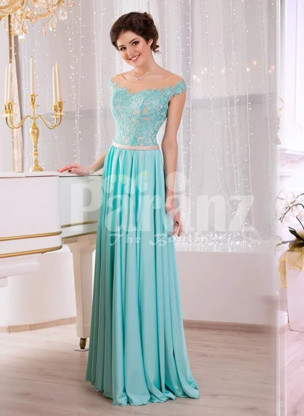 Women’s soft mint floor length rich satin evening gown with glam appliquéd bodice