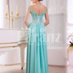 Women’s soft mint floor length rich satin evening gown with glam appliquéd bodice back side view