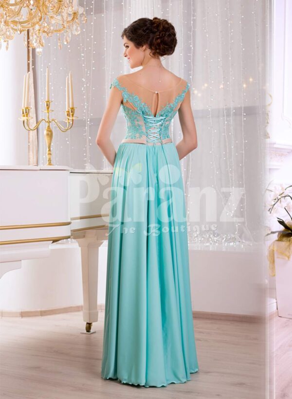 Women’s soft mint floor length rich satin evening gown with glam appliquéd bodice back side view