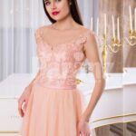 Women’s soft peach long tulle skirt evening gown with threaded appliquéd bodice