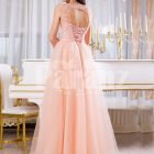 Women’s soft peach long tulle skirt evening gown with threaded appliquéd bodice back side view