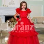 Women’s soft red feather shoulder baby gown with floor length ruffle-tulle long skirt