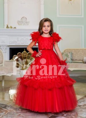 Women’s soft red feather shoulder baby gown with floor length ruffle-tulle long skirt