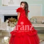 Women’s soft red feather shoulder baby gown with floor length ruffle-tulle long skirt back side view