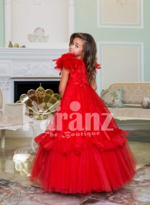 Women’s soft red feather shoulder baby gown with floor length ruffle-tulle long skirt back side view