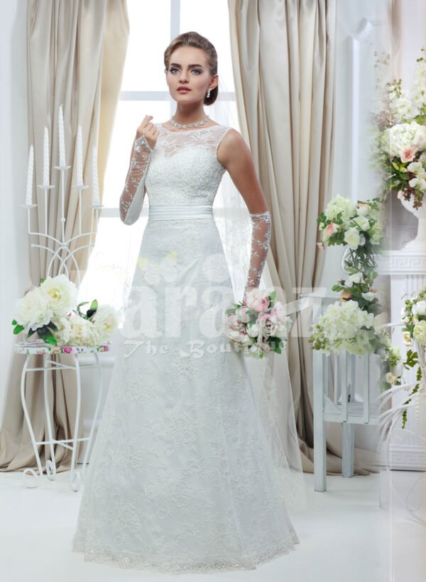 Women’s sparkling white rich satin floor length wedding gown with tulle skirt underneath