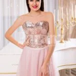 Women’s super glam evening gown with silver sequin bodice with pink tulle skirt