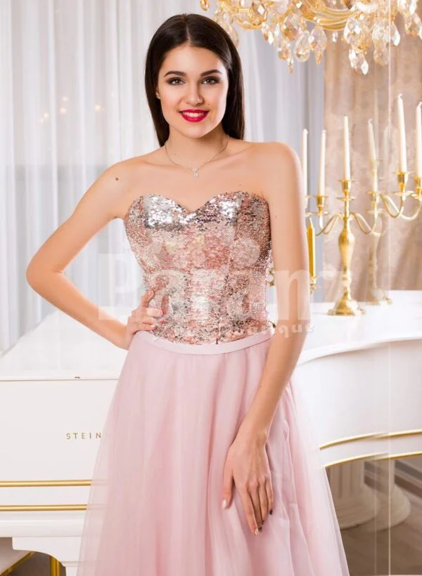 Women’s super glam evening gown with silver sequin bodice with pink tulle skirt