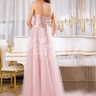 Women’s super glam evening gown with silver sequin bodice with pink tulle skirt back side view