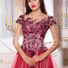 Women’s super glam floor length tulle skirt evening gown with floral appliquéd bodice