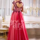 Women’s super glam floor length tulle skirt evening gown with floral appliquéd bodice back side view