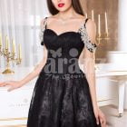 Women’s super glam glossy black rich satin small gown with white pearl decorations