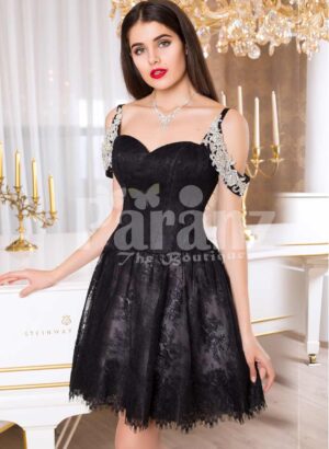 Women’s super glam glossy black rich satin small gown with white pearl decorations