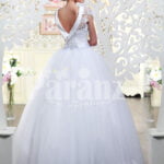 Women’s super lacy royal bodice wedding gown with high volume flared white tulle skirt Back side view