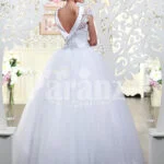 Women’s super lacy royal bodice wedding gown with high volume flared white tulle skirt Back side view