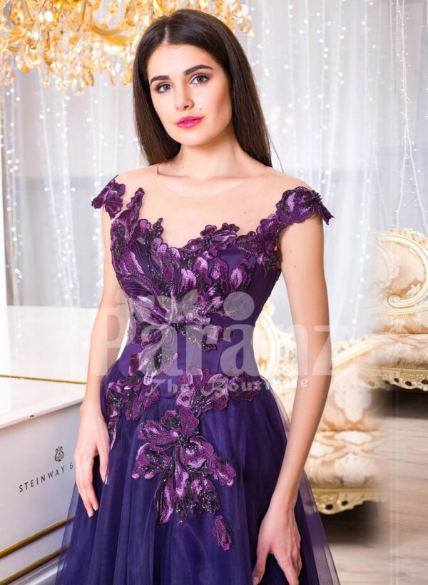 Women’s super soft and sooth floor length tulle skirt gown with purple flower appliqués