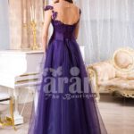 Women’s super soft and sooth floor length tulle skirt gown with purple flower appliqués back side view