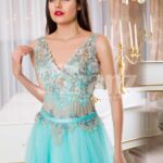 Women’s super soft and stylish mint tulle skirt evening gown with rich floral bodice