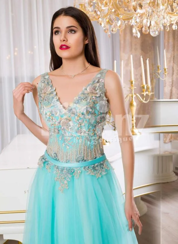 Women’s super soft and stylish mint tulle skirt evening gown with rich floral bodice