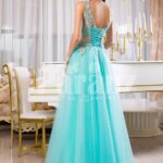 Women’s super soft and stylish mint tulle skirt evening gown with rich floral bodice back side view