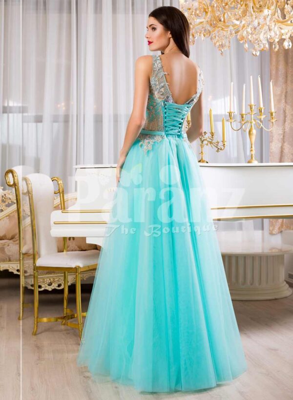 Women’s super soft and stylish mint tulle skirt evening gown with rich floral bodice back side view