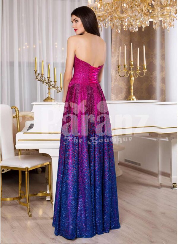 Women’s super stunning glitz magenta pink and blue floor length glam evening gown back side view